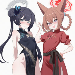  2girls animal_ears black_dress blue_archive blush braid braided_bun breasts brown_hair butterfly_hair_ornament china_dress chinese_clothes coat crossed_bangs double_bun dragon_print dress fox_ears grey_coat grey_eyes grey_halo hair_bun hair_ornament halo highres jacket kisaki_(blue_archive) long_hair looking_at_viewer low_twin_braids multiple_girls oerba_yun_fang open_mouth pinstripe_jacket pinstripe_pattern puffy_short_sleeves puffy_sleeves red_halo rumi_(blue_archive) rumi_(small)_(blue_archive) senapops short_sleeves simple_background sleeveless sleeveless_dress small_breasts smile striped_clothes striped_jacket turtleneck turtleneck_dress twin_braids vertical-striped_clothes vertical-striped_jacket white_background 