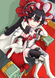  black_hair black_thighhighs blush bonnet boots breasts cape chains cloak crossed_legs elbow_gloves female frilled_bonnet frills full_body fur-trimmed_cape fur-trimmed_gloves fur_trim gloves gradient_eyelashes hair_between_eyes hand_on_own_face high_heel_boots high_heels highres illya_(princess_connect!) illya_(small)_(princess_connect!) kamikili leotard long_hair looking_at_viewer oerba_yun_fang outstretched_arm parted_lips princess_connect! red_eyes sideboob sitting sitting_on_throne slit_pupils small_breasts smile solo thighhighs vampire white_footwear 