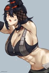  abs armpits arms_up black_hair black_sports_bra breasts choker detached_sleeves dirty dirty_face female goggles goggles_on_head grace_howard grey_background hair_between_eyes highres leaning_forward lips long_hair looking_at_viewer navel notgunn one_eye_closed open_mouth orange_eyes partially_unzipped sideboob simple_background solo sports_bra stomach sweat three_quarter_view toned toned_female zenless_zone_zero zipper zipper_pull_tab zipper_top 