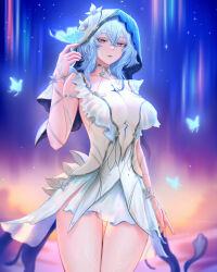  arm_at_side blue_butterfly blue_hair blue_veil breasts bug butterfly butterfly_on_hand collarbone colored_eyelashes commentary covered_collarbone cowboy_shot dress female hair_between_eyes hand_up highres large_breasts long_hair looking_at_viewer mcdobo parted_lips purple_eyes smile solo the_shorekeeper_(wuthering_waves) two-tone_veil veil white_dress white_veil wuthering_waves 