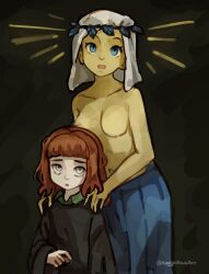  2girls age_difference behind_another black_robe blue_eyes blue_pants blunt_bangs breasts collarbone colored_skin commentary dark_background fear_&amp;_hunger grey_eyes hands_on_another&#039;s_shoulders head_wreath height_difference highres kingjoshua lolicon long_sleeves looking_at_viewer medium_breasts medium_hair mother_and_daughter multiple_girls navel nilvan_(fear_&amp;_hunger) no_nipples open_mouth orange_hair pants robe spoilers the_girl_(fear_&amp;_hunger) topless twitter_username white_headdress yellow_skin 