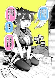  1boy absurdres animal_ear_fluff animal_ears bandana bandana_around_neck breasts cat_ears cat_girl cleavage commentary_request crop_top dorobou-chan female folded_ponytail gloves greyscale_with_colored_background hair_between_eyes highres hitotose_hirune kemonomimi_mode large_breasts midriff navel nemukata_(dorobou-chan) open_mouth partially_unzipped seiza short_shorts shorts sitting solo_focus speech_bubble standing stomach sweat thighhighs translation_request wavy_mouth 