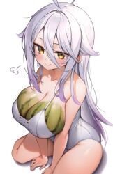  :&gt; ahoge alternate_breast_size bare_arms blush bodypaint breasts cleavage closed_mouth english_commentary female gradient_hair hair_between_eyes hair_flaps henya_the_genius henya_the_genius_(3rd_costume) highres kaptivate large_breasts long_hair long_hair_between_eyes looking_at_viewer multicolored_hair one-piece_swimsuit purple_hair sideboob simple_background sitting skindentation smile solo swimsuit thighs virtual_youtuber vshojo wariza white_background white_hair white_one-piece_swimsuit yellow_eyes 