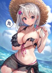  3: absurdres ahoge bikini black_bikini black_sarong blue_hair blue_sky blush breasts cleavage closed_mouth cloud collarbone commentary_request covering_breasts covering_privates day earrings female frilled_bikini frills gradient_hair grey_hair hair_between_eyes hair_ornament hat highres horizon jewelry kuze_kaname large_breasts looking_at_viewer multicolored_hair navel ocean original outdoors purple_eyes sarong see-through_clothes see-through_sarong short_hair sidelocks sitting sky solo spoken_squiggle squiggle star_(symbol) star_hair_ornament straw_hat sun_hat swimsuit two-tone_hair wariza 