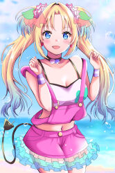  :d absurdres beach black_choker blonde_hair blue_eyes blue_hair blush breasts choker cleavage commentary cosplay cowboy_shot electric_plug electric_plug_tail fake_tail female flower frilled_shorts frills gradient_hair hair_flower hair_ornament hands_up highres light_blue_hair link!_like!_love_live! long_hair looking_at_viewer love_live! love_live!_school_idol_project medium_breasts meimaru midriff minami_kotori minami_kotori_(cosplay) multicolored_hair navel ocean oerba_yun_fang official_alternate_costume open_mouth osawa_rurino outdoors parted_bangs pink_flower pink_shorts shorts smile solo suspenders tail twintails virtual_youtuber white_flower 