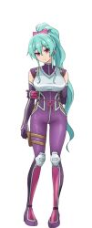  anime_coloring armor bare_shoulders belt blue_hair bodysuit breasts closed_mouth collarbone detached_sleeves empty_eyes female full_body hair_between_eyes hair_ribbon high_ponytail japanese_armor kote large_breasts long_hair long_sidelocks looking_at_viewer momochi_ayame_(neet_kunoichi) neet_de_otaku_na_kunoichi_to_naze_ka_dousei_hajimemashita official_art pink_ribbon ponytail purple_bodysuit red_eyes ribbon shin_guards shirt sidelocks simple_background skin_tight smile solo standing suzuki_masahiko_(animator) thigh_belt thigh_strap transparent_background tsurime wavy_hair white_shirt 
