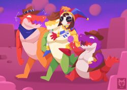  anthro artist_logo bottomless bowler_hat candy carrying_another chad_(tadc) citsy_404 clothed clothing cowboy_hat crocodile crocodilian dessert digital_media_(artwork) egg empty_eyes featureless_crotch female food food_creature glitch_productions group gummigoo_(tadc) happy hat headgear headwear hi_res holding_food holding_object humanoid jester kerchief larger_male living_candy logo lollipop male max_(tadc) muscular muscular_arms neckerchief neckwear nude open_mouth orange_body outside pecs pomni_(tadc) purple_body red_body reptile riding_on_back scalie size_difference smaller_female tail the_amazing_digital_circus topwear vest walking white_eyes yellow_body 
