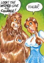  1boy 1girls cleavage clothing cowardly_lion curvy dialogue dorothy_gale dress female female_focus humor imminent_sex interspecies joe_gravel sexually_suggestive sketch_card speech_bubble text the_wizard_of_oz viagra 