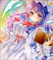  blue_bow blunt_bangs book bow breasts crescent crescent_hat_ornament curvy dress female frilled_sleeves frills hairbow hat hat_ornament holding holding_book jacket long_hair marker_(medium) medium_breasts mob_cap multiple_hair_bows open_book patchouli_knowledge purple_dress purple_eyes purple_hair purple_hat purple_jacket red_bow red_ribbon ribbon sidelocks sleeve_ribbon solo striped_clothes striped_dress takadono318 touhou traditional_media vertical-striped_clothes vertical-striped_dress waist_ribbon 