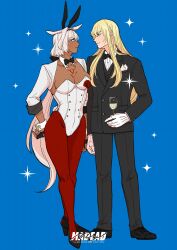  1boy alternate_costume animal_ears animated animated arm_at_side black_bow black_bowtie black_gloves black_hairband black_jacket black_pants black_shoes black_suit black_vest blinking blonde_hair blue_background blue_eyes body_markings bow bowtie breasts caenis_(bunny)_(fate) caenis_(fate) cleavage closed_mouth collared_shirt commentary corsage cup dark-skinned_female dark_skin detached_collar drink drinking_glass eye_contact fake_animal_ears fake_tail fate/grand_order fate_(series) female fingerless_gloves fishnet_pantyhose fishnets flower formal_clothes full_body gloves hair_between_eyes hair_intakes hairband hairbow high_heels highleg highleg_leotard highres holding holding_cup horse_ears jacket kirschtaria_wodime large_breasts leotard light_smile long_hair long_sleeves looking_at_another low_ponytail non-repeating_animation pants pantyhose playboy_bunny pocket_square ponytail rabbit_ears rabbit_tail red_flower red_pantyhose red_rose rose shirt shoes shrug_(clothing) side-by-side simple_background sleeve_cuffs sparkle standing strapless strapless_leotard suit tail tansan_(1soda2) three-quarter_sleeves untranslatable_commentary vest white_gloves white_hair white_leotard white_shirt white_shrug white_wrist_cuffs wrist_cuffs 