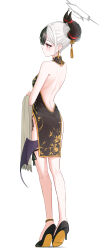  absurdres alternate_costume backless_dress backless_outfit bare_back black_hair black_shoes black_wings blue_archive breasts china_dress chinese_clothes commentary dress female from_behind full_body grey_halo halo highres hit_by_hit kayoko_(blue_archive) multicolored_hair red_eyes shoes single_wing small_breasts standing two-tone_hair white_hair wings 