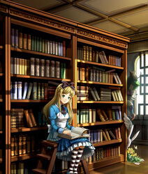  alice_(alice_in_wonderland) alice_in_wonderland bird black_legwear blonde_hair blue_eyes book book_on_lap bookshelf commentary_request dodo_(bird) dormouse_(alice_in_wonderland) female fujiwara_(fujiwara43) holding holding_book kneehighs library long_hair mad_hatter_(alice_in_wonderland) open_book original photoshop_(medium) sitting socks stool striped_clothes striped_thighhighs thighhighs white_rabbit_(alice_in_wonderland) 