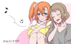  2girls beamed_eighth_notes blue_eyes blush brown_hair closed_eyes earphones eighth_note gecko4488 green_eyes hug kira_tsubasa kosaka_honoka love_live! love_live!_school_idol_project multiple_girls musical_note one_side_up open_mouth orange_hair pillow shared_earphones short_hair sitting smile twitter_username yuri 