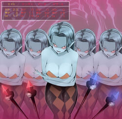  5girls bare_shoulders blue_hair blue_skin breast_hold breasts checkered_clothes checkered_dress cleavage colored_skin commentary_request crossed_arms dragon_quest dragon_quest_viii dress fangs fingernails highres large_breasts long_fingernails long_hair looking_at_viewer multiple_girls name_john pointy_ears red_eyes sharp_fingernails staff standing strapless strapless_dress witch_lady_(dq8) 