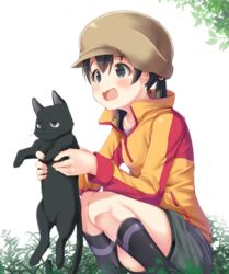  animal black_hair blush chito_(flying_witch) commentary_request feline female flying_witch green_eyes hat highres holding holding_animal holding_cat kuramoto_chinatsu long_sleeves mad_(hazukiken) open_mouth smile solo 