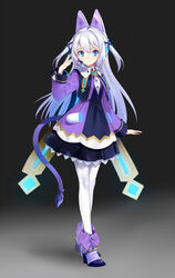  black_background black_skirt blue_eyes commentary_request dress female full_body gradient_background hair_ornament headset highres isora_manami long_hair looking_at_viewer pantyhose pixiv&#039;s_virtual_youtuber_audition purple_dress purple_footwear shoes skirt smile solo standing urata_asao virtual_youtuber white_hair white_pantyhose wright_flyer_live_entertainment x_hair_ornament 