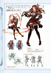  black_legwear boots brown_eyes brown_hair carren_(granblue_fantasy) character_name chibi coat concept_art detached_sleeves female full_body gloves granblue_fantasy grey_eyes hair_ornament hand_on_own_hip high_heel_boots high_heels highres holding holding_sword holding_weapon line_art long_hair looking_at_viewer looking_back minaba_hideo multiple_views non-web_source official_art open_mouth orange_hair photoshop_(medium) scan skirt smile standing sword thighhighs weapon zettai_ryouiki 