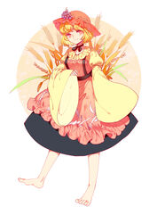  aki_minoriko barefoot blonde_hair commentary_request dress female food food_on_head fruit fruit_on_head grapes hair_between_eyes hat highres long_dress looking_at_viewer mob_cap object_on_head photoshop_(medium) red_eyes short_hair sleeves_past_wrists solo touhou wei_li wheat wide_sleeves 