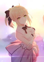  ahoge artoria_pendragon_(fate) bare_shoulders black_bow blonde_hair bow breasts cleavage commentary_request detached_collar dress fate/unlimited_codes fate_(series) female from_above gloves green_eyes hairbow highres kugutsu_(961598140) long_hair looking_at_viewer medium_breasts petals ponytail saber_lily sidelocks smile white_gloves 