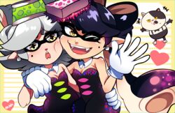  2girls bad_link black_dress black_hair breasts callie_(splatoon) cleavage dress earrings fangs hat inkling jewelry judd_(splatoon) marie_(splatoon) mole mole_under_eye multiple_girls one_eye_closed onsta pointy_ears small_breasts smile splatoon_(series) splatoon_1 tentacle_hair yellow_eyes 