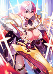  bad_id bad_pixiv_id breasts cleavage doku-chan_(dokkudokudoku) female highres huge_breasts lips original pink_eyes pink_hair smile solo sword thighs weapon 