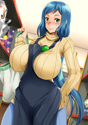  absurdres apron arm_behind_back badge bag between_breasts blue_hair blue_pants blush breasts closed_mouth cowboy_shot denim female fingernails green_eyes gundam gundam_build_fighters hand_up haro_button_badge highres holding holding_bag indoors iori_rinko janong jeans large_breasts long_hair long_sleeves looking_at_viewer mature_female nose_blush paid_reward pants patreon_reward photoshop_(medium) pink_lips ponytail ribbed_sweater shopping shopping_bag smile solo sweatdrop sweater swept_bangs turtleneck turtleneck_sweater very_long_hair yellow_sweater 