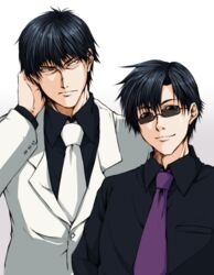  2boys alternate_color black_hair commentary formal hagane_soushi idolmaster idolmaster_cinderella_girls male_focus multiple_boys necktie producer_(idolmaster) producer_(idolmaster_anime) producer_(idolmaster_cinderella_girls_anime) smile suit sunglasses 