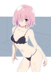  alternate_costume black_bra black_panties blunt_bangs blush bra breasts cleavage collarbone commentary_request cowboy_shot fate/grand_order fate_(series) female gin&#039;you_haru groin hair_between_eyes hair_over_one_eye highres leaning_forward mash_kyrielight medium_breasts navel open_mouth panties pink_hair purple_eyes shiny_skin short_hair standing underwear underwear_only white_background 