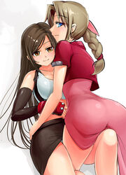  2girls aerith_gainsborough ass bow braid breasts brown_eyes brown_hair commentary_request cowgirl_position crop_top cropped_jacket dress elbow_gloves final_fantasy final_fantasy_vii fingerless_gloves gloves green_eyes hair_ribbon kod0415 large_breasts light_brown_hair long_dress long_hair looking_at_viewer looking_back low-tied_long_hair midriff multiple_girls panties pantyshot pencil_skirt photoshop_(medium) pink_bow pink_dress ponytail ribbon short_sleeves simple_background single_braid skirt smile straddling suspender_skirt suspenders thigh_straddling tifa_lockhart underwear yuri 