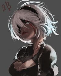  2b_(nier:automata) black_blindfold black_dress black_hairband blindfold blindfold_slip blood blood_on_face blue_eyes breasts cleavage cleavage_cutout clothing_cutout commentary_request covered_eyes dress feather-trimmed_sleeves female hairband highres juliet_sleeves korean_commentary lilikin long_sleeves medium_breasts messy_hair nier:automata nier_(series) one_eye_covered puffy_sleeves solo upper_body white_hair 