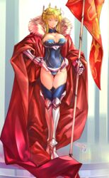  absurdres ahoge armor artoria_pendragon_(fate) artoria_pendragon_(lancer)_(fate) blonde_hair blue_thighhighs braid breasts cape cleavage commentary_request crown fate/grand_order fate_(series) female flag french_braid full_body fur_trim gauntlets greaves green_eyes highleg highleg_leotard highres large_breasts leotard sleeveless sleeveless_turtleneck sleeveless_turtleneck_leotard solo standing thighhighs turtleneck turtleneck_leotard twitter_username yanami_(yanayana_company) 