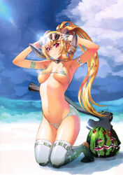  absurdres arm_belt arm_up armlet armpits arms_up axe beach belt bikini blonde_hair blue_sky breasts closed_mouth cloud cloudy_sky covered_nipples day demon_girl female fingerless_gloves food fruit gimp_(medium) gloves groin hair_between_eyes high_ponytail highres horns kneeling lens_flare long_hair lucifer_(the_seven_deadly_sins) medium_breasts micro_bikini multiple_belts navel nishii_(damnedrive) ocean official_art outdoors pointy_ears ponytail red_eyes scan sky smile solo sunglasses sunlight swimsuit the_seven_deadly_sins thigh_strap thighhighs underboob very_long_hair water watermelon weapon white_bikini 