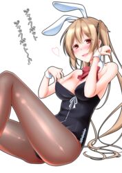  animal_ears bare_shoulders blush bow bowtie breasts brown_pantyhose cleavage commentary_request detached_collar fake_animal_ears female hair_ornament hair_ribbon heart kantai_collection large_breasts leotard light_brown_hair long_hair looking_at_viewer murasame_(kancolle) narukami_ginryuu open_mouth pantyhose playboy_bunny rabbit_ears red_eyes ribbon sitting smile solo translated twintails wrist_cuffs 