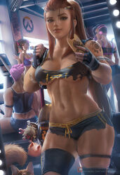  ass bandaid brigitte_(overwatch) cleavage d.va garter gym_uniform headphones official_watermark overwatch possible_duplicate sakimichan sombra tattoo torn_clothes underboob zarya 