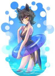  animal_ears black_hair blue_innertube blue_sky breasts casual_one-piece_swimsuit cat_ears cleavage cloud commentary earrings english_commentary female iesupa innertube jewelry kali_belladonna mature_female medium_breasts one-piece_swimsuit paw_print rwby sky smile solo swim_ring swimsuit transparent wading water yellow_eyes 