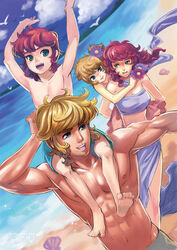  2boys 2girls abs aquila_marin beach bird blonde_hair blue_eyes blue_sky breasts carrying clam_shell cleavage cloud commentary_request day dress dutch_angle family flower green_eyes if_they_mated large_breasts leo_aiolia male_swimwear midriff multiple_boys multiple_girls muscular ocean open_mouth outdoors photoshop_(medium) piggyback red_dress red_hair saint_seiya scarf seagull shoulder_carry skirt sky smile strapless strapless_dress swim_trunks tongue tongue_out topless_male tube_top yukiusagi1983 