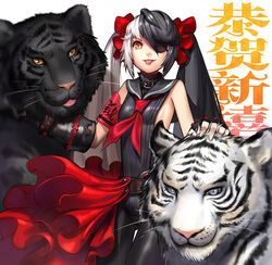  :p armband black_hair blade_&amp;_soul breasts commentary_request eyepatch female gauntlets hair_ribbon long_hair multicolored_hair oerba_yun_fang photoshop_(medium) pohwaran ribbon sailor_collar shiny sideboob small_breasts solo split-color_hair tiger tongue tongue_out translation_request twintails two-tone_hair very_long_hair white_hair yukiusagi1983 