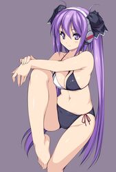  bare_legs bare_shoulders barefoot beatmania_iidx bikini black_bikini breasts cleavage covered_nipples feet female fingernails hair_between_eyes headphones highres kinoshita_ichi leg_lift long_fingernails long_hair medium_breasts mizushiro_celica navel purple_background purple_eyes purple_hair side-tie_bikini_bottom simple_background solo swimsuit twintails very_long_hair 