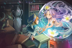  2girls against_glass air_bubble armlet blonde_hair blue_hat book bookshelf bubble commentary_request crop_top dragon encasement eye_contact fantasy floating_hair flower fujiwara_(fujiwara43) gold_trim green_eyes grey_eyes hair_ornament hat in_bubble in_container indoors kneeless_mermaid long_hair looking_at_another mermaid midriff monster_girl multiple_girls open_mouth orb original parted_lips pointy_ears puffy_short_sleeves puffy_sleeves purple_hair sailor_collar scales shirt short_hair short_sleeves sleeveless sleeveless_shirt stasis_tank stool submerged vase very_long_hair white_shirt 