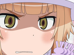  blonde_hair clenched_teeth close-up commentary_request female gunuaki gununu_(meme) hat kuraishi_tanpopo meme paper_doll parody shaded_face solo teeth witch_craft_works yellow_eyes 