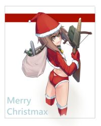  :d absurdres ammunition ass bad_id bad_pixiv_id brown_eyes brown_hair female hat highres kantai_collection merry_christmas open_mouth sack santa_costume santa_hat sein_(tgf19911119) short_hair smile solo taihou_(kancolle) thighhighs weapon 