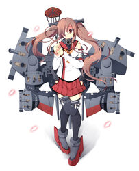  black_thighhighs brown_hair character_request commentary_request cosplay female hasumi_takashi kantai_collection long_hair looking_at_viewer partial_commentary red_eyes simple_background skirt smile solo thighhighs white_background yamato_(kancolle) yamato_(kancolle)_(cosplay) 