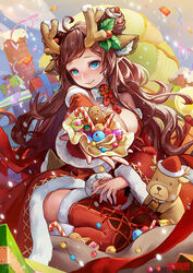  :&gt; ahoge antlers bell blue_eyes box breasts brown_hair candy candy_cane chimney cleavage closed_mouth commentary_request company_name detached_sleeves double_bun dress fei_(idws321) female food fur_trim gift gift_box gingerbread_man hair_bun hat horns jingle_bell large_breasts looking_at_viewer outstretched_arm photoshop_(medium) red_dress ruan_mei_tianguo sitting solo sparkle streamers stuffed_deer stuffed_toy swept_bangs thighhighs wariza water 