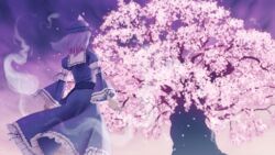  cherry_blossoms commentary_request female from_behind glowing hakugyokurou hat hitodama irigoma_(jikabi_baisen) japanese_clothes pink_hair saigyou_ayakashi saigyouji_yuyuko short_hair solo touhou tree 