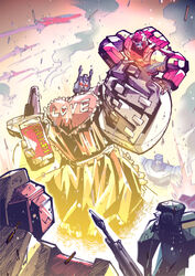  1980s_(style) 6+boys autobot battle blue_eyes candy character_name character_request chocolate chocolate_bar clothed_robot commentary_request decepticon fighting_stance food glowing glowing_eyes gun heart holding holding_person ichira-san machinery mecha multiple_boys no_humans open_mouth overlord_(idw) overlord_(transformers) red_eyes retro_artstyle robot the_transformers_(idw) transformers weapon 