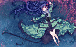  afloat bare_legs barefoot beads bell black_bow black_ribbon blue_hair blush bow center_frills commentary_request corset cross-laced_clothes dress female flat_chest floating_hair flower frilled_sleeves frills from_above green_dress hair_beads hair_flower hair_ornament hairbow highres holding holding_flower idolmaster idolmaster_cinderella_girls jingle_bell juliet_sleeves lace_trim leaf lily_pad long_hair long_sleeves looking_at_viewer looking_to_the_side lying nemeko on_back outstretched_arms petals pinky_out puffy_sleeves reaching red_eyes red_flower ribbon ripples sajo_yukimi solo striped striped_bow thigh_gap very_long_hair water wide_sleeves wisteria 