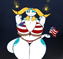  2016 aijou american_flag american_flag_bikini anthro ass averyshadydolphin big_breasts big_butt bikini blonde_hair blue_markings breasts clothing curvy_figure digital_media_(artwork) dragon dual_holding female fireworks flag flag_(object) flag_bikini flag_clothing flag_print flag_swimwear front_view hair hi_res holding_flag holding_object holding_sparkler huge_breasts huge_hips jou looking_at_viewer markings midriff mythological_creature mythological_scalie mythology navel non-mammal_breasts one_eye_closed prehensile_holding print_bikini print_clothing print_swimwear scalie solo sparkler swimwear tail tail_holding_flag tail_holding_object thick_thighs united_states_of_america voluptuous wide_hips 