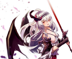  armor bare_shoulders black_gloves breasts commentary_request dark_jeanne demon_girl demon_wings eredhen female gloves granblue_fantasy highres jeanne_d&#039;arc_(granblue_fantasy) large_breasts long_hair looking_at_viewer red_eyes shirt skirt smile solo sword very_long_hair wavy_hair weapon white_hair wings 