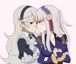  2girls blue_eyes blush breasts bridal_gauntlets chocotto715 cleavage collarbone commentary_request corrin_(female)_(fire_emblem) corrin_(fire_emblem) ear_blush fire_emblem fire_emblem_fates grey_hair hairband jewelry long_hair medium_breasts multiple_girls noses_touching pink_background pointy_ears puffy_short_sleeves puffy_sleeves pulling_own_clothes red_eyes rhajat_(fire_emblem) ring short_sleeves simple_background upper_body yuri 