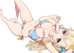  barefoot bikini blonde_hair blue_bikini blue_eyes boku_wa_tomodachi_ga_sukunai breasts butterfly_hair_ornament commentary_request covered_nipples eating female food front-tie_top hair_ornament halterneck hirose_(mokiki) kashiwazaki_sena large_breasts long_hair looking_at_viewer lying on_back partial_commentary popsicle shiny_skin side-tie_bikini_bottom simple_background skindentation solo string_bikini swimsuit white_background wristband 